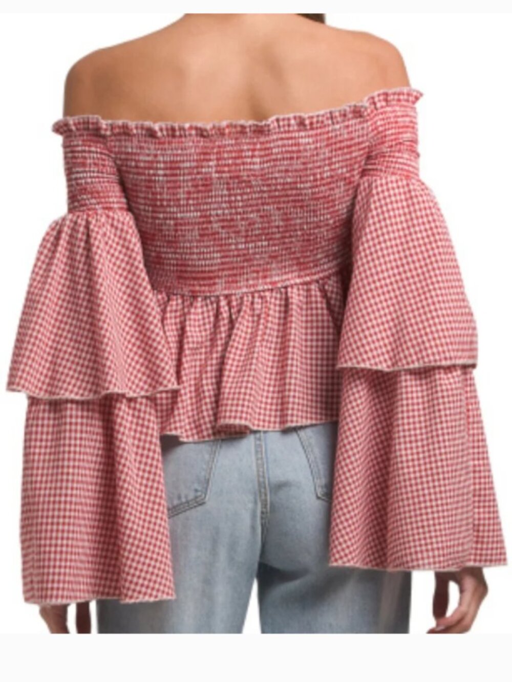 Us Together Off The Shoulder Bell Sleeve Shirred Ruffle Top, Gingham - Large - Picture 13 of 13